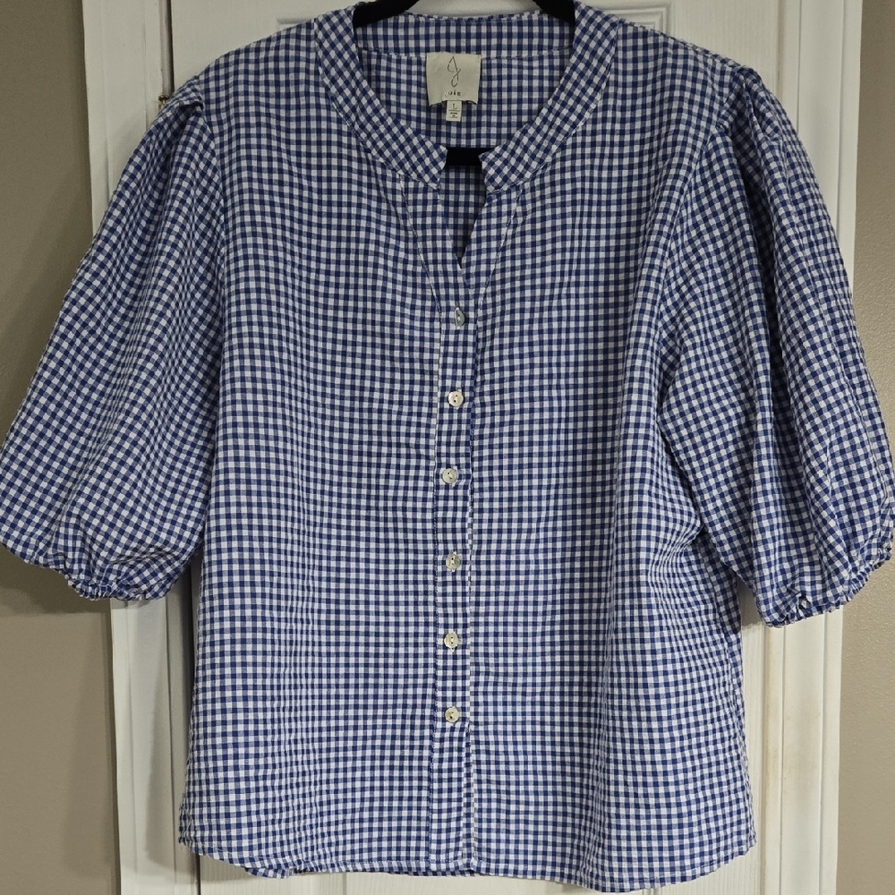 Joie Blue and White Button Down Blouse with Puff Sleeves